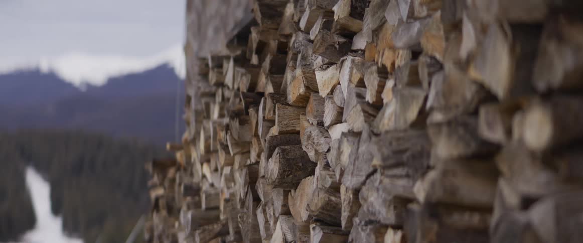 Close up of a rustic woodpile stacked against a wall with a snowy mountain backdrop