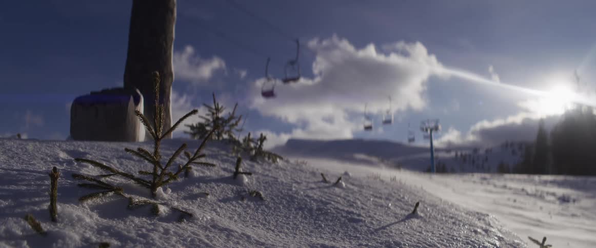 A small pine tree stands in the snow with a blurry, empty ski lift in the background on a sunny winter day