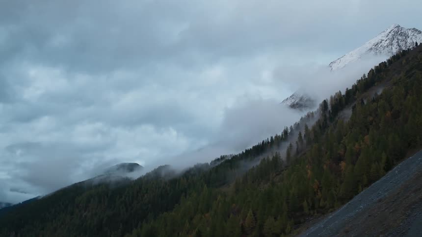 Clouds hover around a tree-covered mountainside