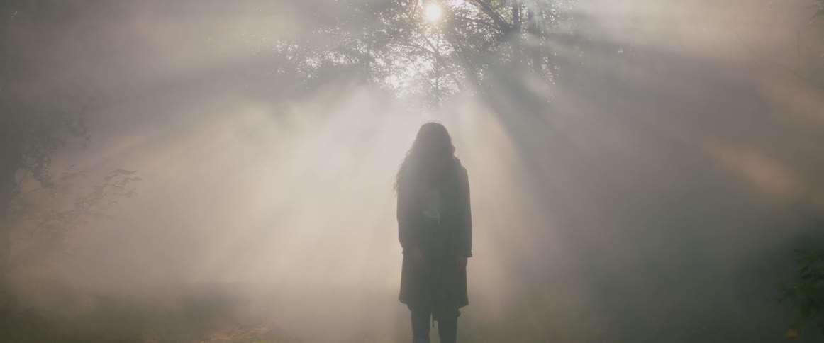 Woman stands in the woods with sun shining through trees