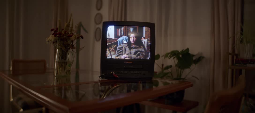 An old television with a built-in VCR plays a home movie of a woman and a hand puppet in a dimly lit, vintage room