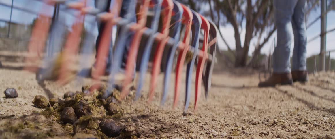 Close-up slow-motion shot of workers raking up horse manure in a dusty paddock on a farm