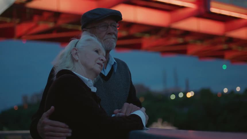 A man and woman hug at sunset