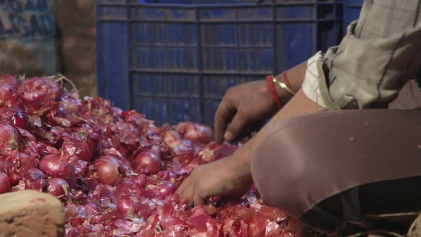 Person sitting and sorting through red onions