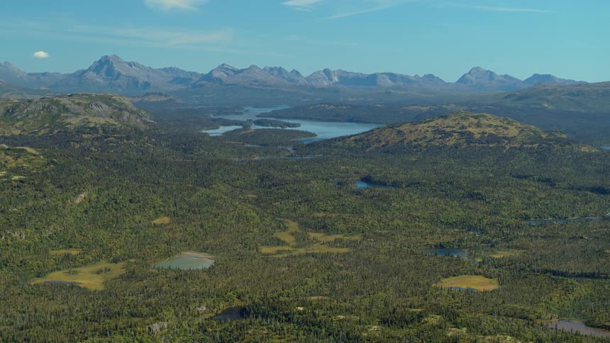 A stunning, wide, static shot of a vast, untouched wilderness landscape with forests, lakes, and a rugged mountain range under a clear blue sky