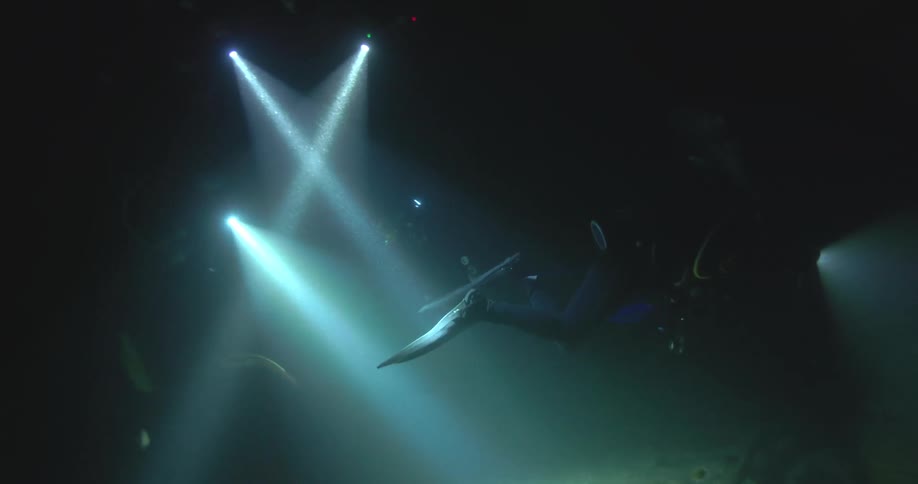 A team of scuba divers explores a dark underwater cavern at night, their powerful flashlights piercing the murky depths