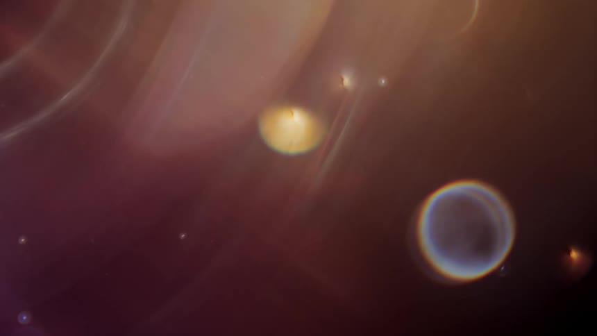 Colorful, dreamlike lens flares and particles drift across a dark background