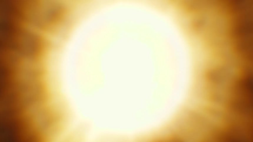 A swirling vortex of abstract golden energy expands into a brilliant and powerful light source