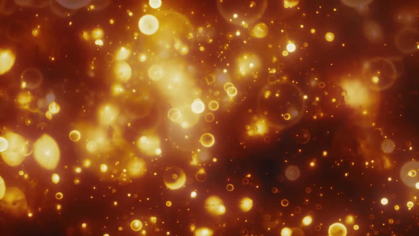 A celestial journey through a warm, glowing galaxy of golden bokeh particles and bubbles accelerating forward