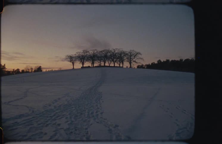 Vintage Super 8 footage shows a snowy hill with footprints leading to a grove of bare trees silhouetted against the twilight sky