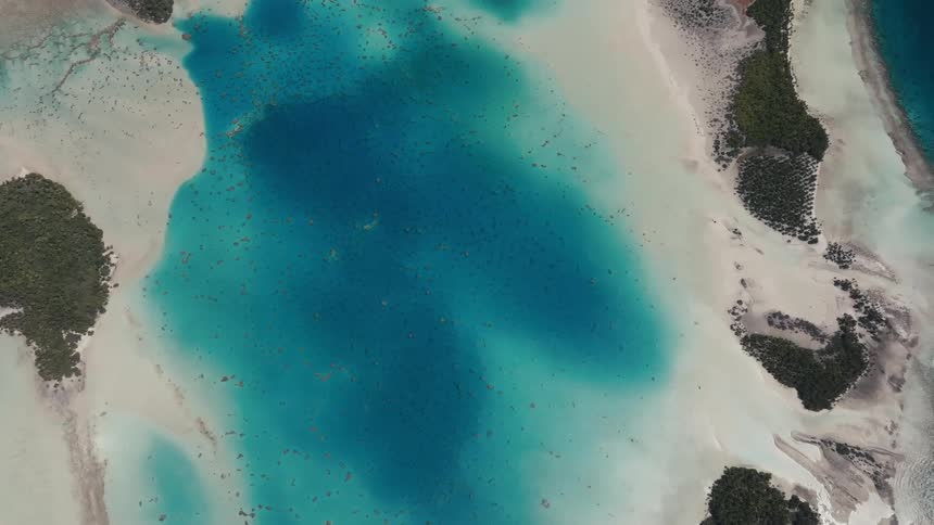 A breathtaking top-down aerial shot captures the tranquil beauty of a tropical atoll with stunning turquoise waters and scattered coral heads