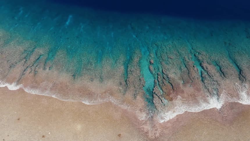 Mesmerizing aerial top-down shot of a tropical coastline, where crystal-clear turquoise water meets a sandy shore
