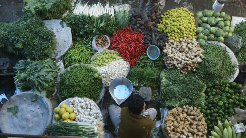 A person sitting selling a large group of vegetables