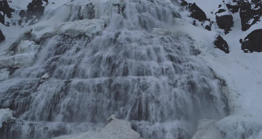 Water rushes down a majestic tiered waterfall surrounded by snow and ice on a rugged mountainside in Iceland