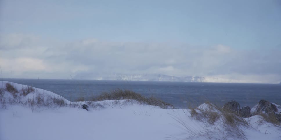 A stark, snow-covered coastline overlooks a turbulent ocean during a windy winter day