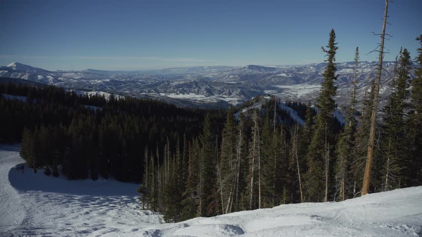Scenic view from a snowy mountainside overlooking an evergreen forest and a vast valley on a clear day