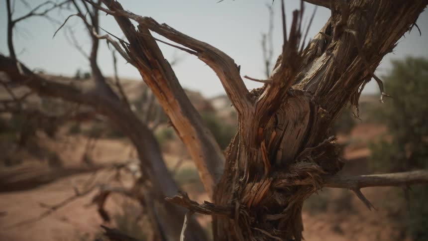 The gnarled and splintered trunk of a dead tree stands in a dry, sun-drenched desert landscape