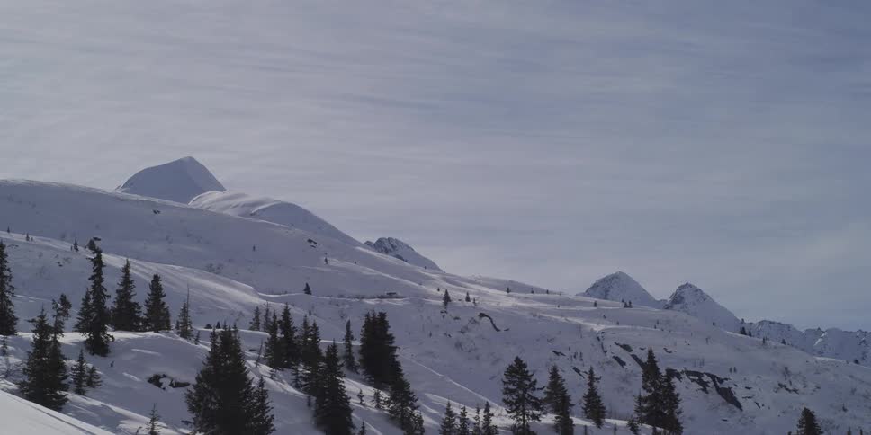 A slow panoramic shot reveals a majestic, snow-covered mountain range dotted with evergreen trees