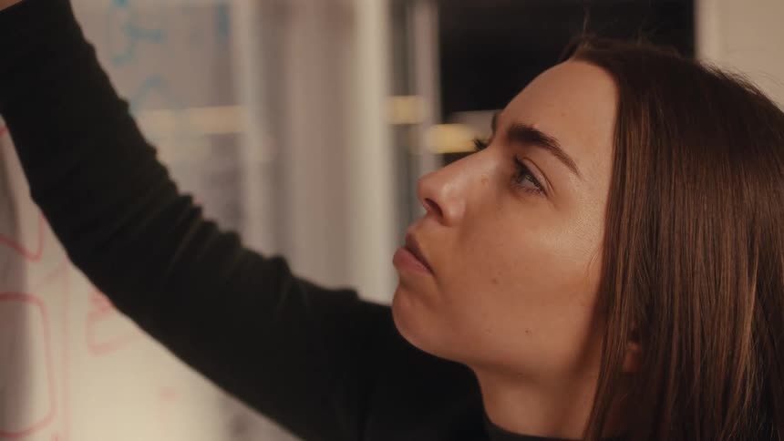 A focused businesswoman in slow motion meticulously draws a strategic plan on a whiteboard