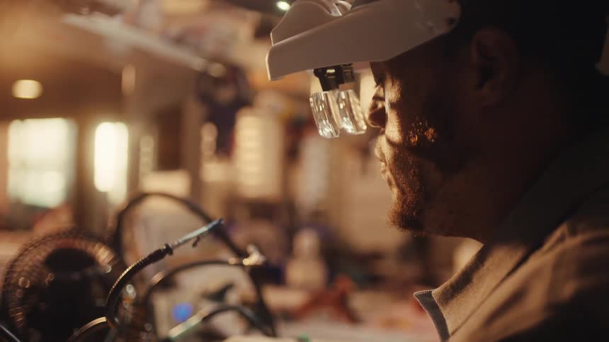 A craftsman wearing a magnifying visor headset focuses intently on a detailed project in his warmly lit workshop