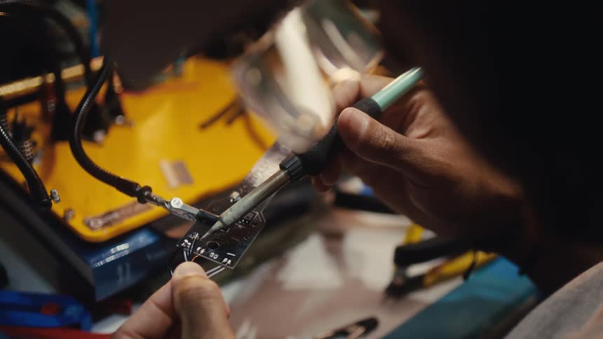 An electrical engineer meticulously solders wires onto a circuit board under a bright magnifying lamp in a workshop