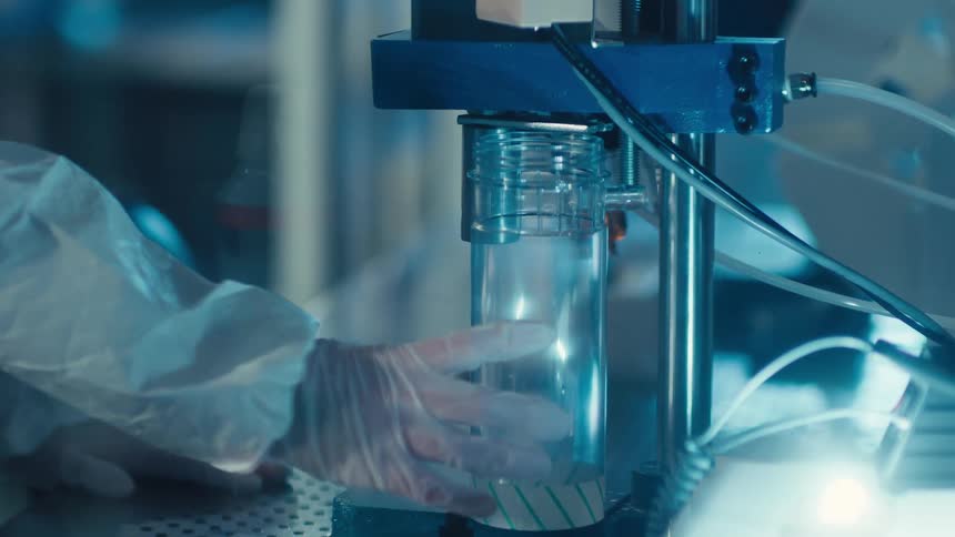 A gloved hand of a laboratory technician operates a sophisticated piece of equipment within a sterile, contained chamber