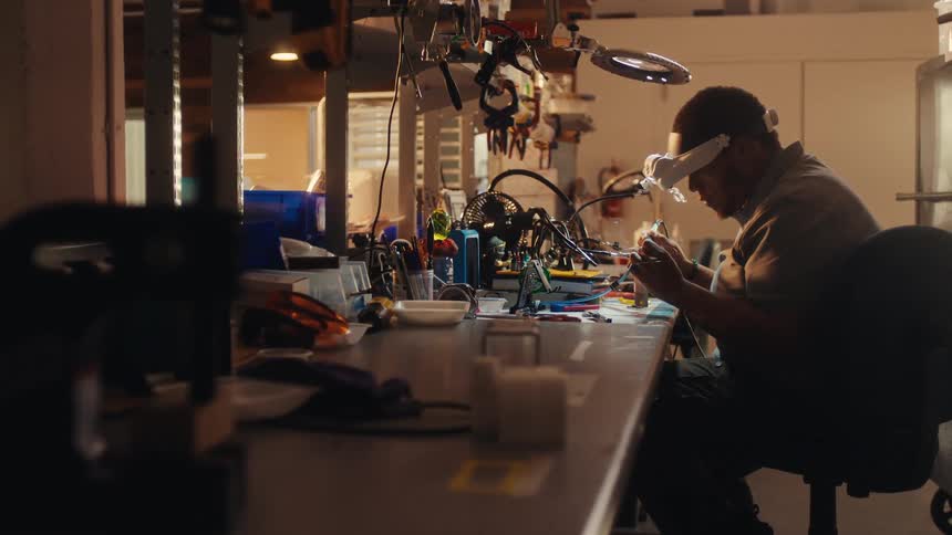 A skilled technician wearing a magnifying visor meticulously solders electronic components at his busy workbench
