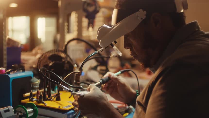 A skilled technician wearing a magnifying visor meticulously solders electronic components at his cluttered workbench