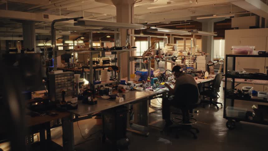 A lone technician works diligently at a cluttered workbench in a large, industrial electronics lab as the camera slowly pulls back