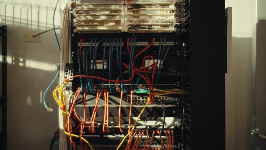 A slow upward tilt reveals a complex network server rack with a messy tangle of colorful ethernet cables plugged into switches and patch panels