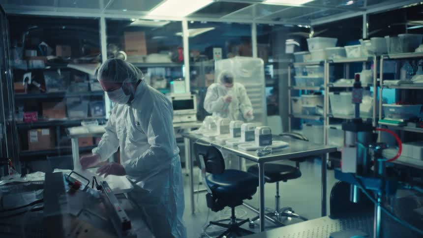 Two technicians in full cleanroom suits meticulously assemble and package products in a sterile laboratory