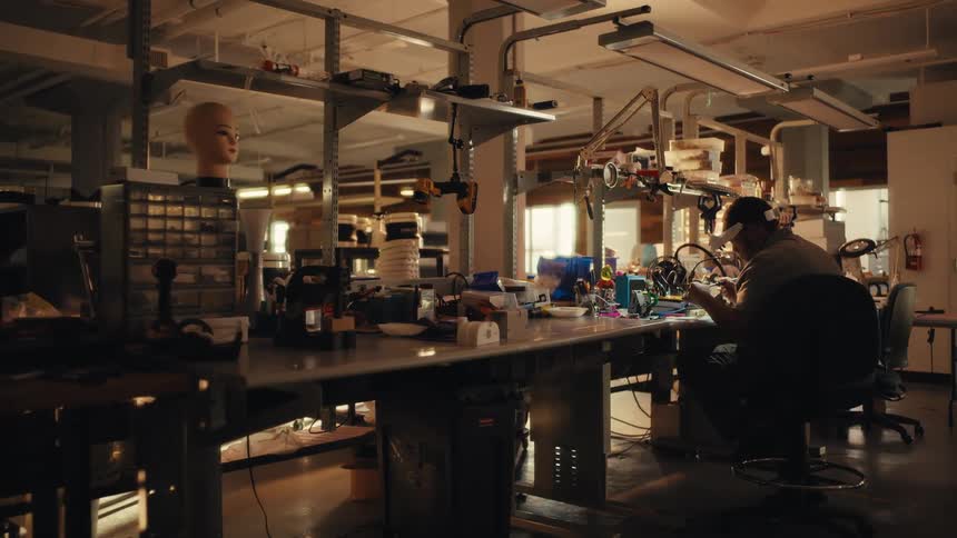 A man wearing a magnifying headset meticulously assembles electronic components in a creative workshop