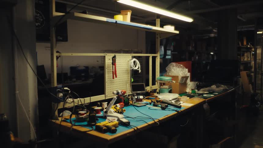 Slow zoom out on a cluttered electronics workbench in a dimly lit industrial workshop
