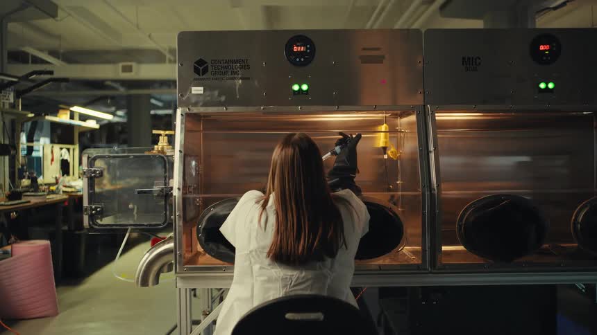 A scientist in a white lab coat works carefully inside a containment technologies glove box in a laboratory
