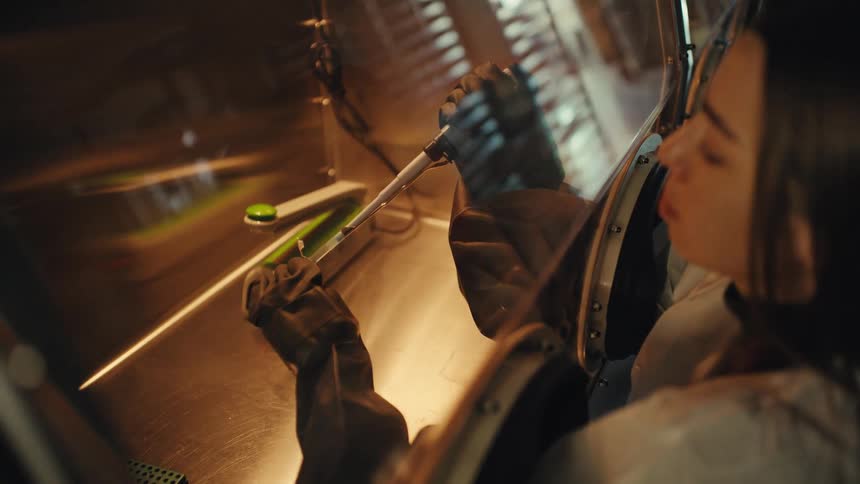 A scientist meticulously uses a pipette to handle samples inside a sterile glovebox in a modern research laboratory
