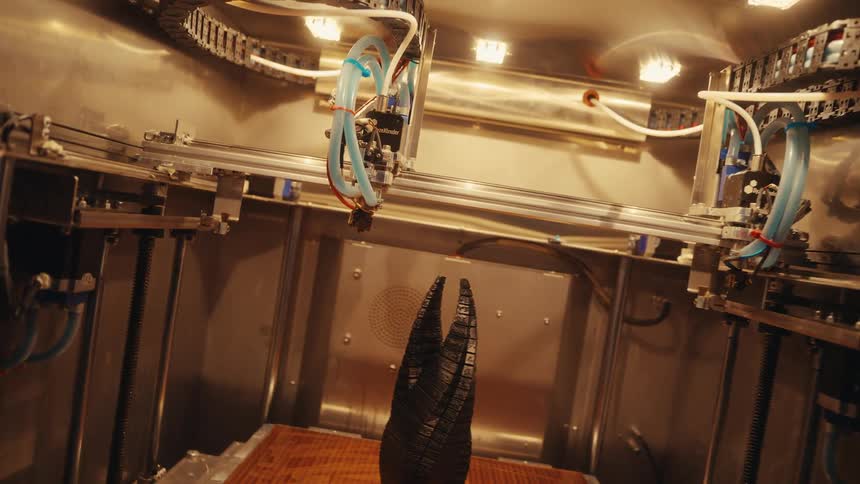 Futuristic 3D printer meticulously fabricates a complex black prototype inside its metallic chamber