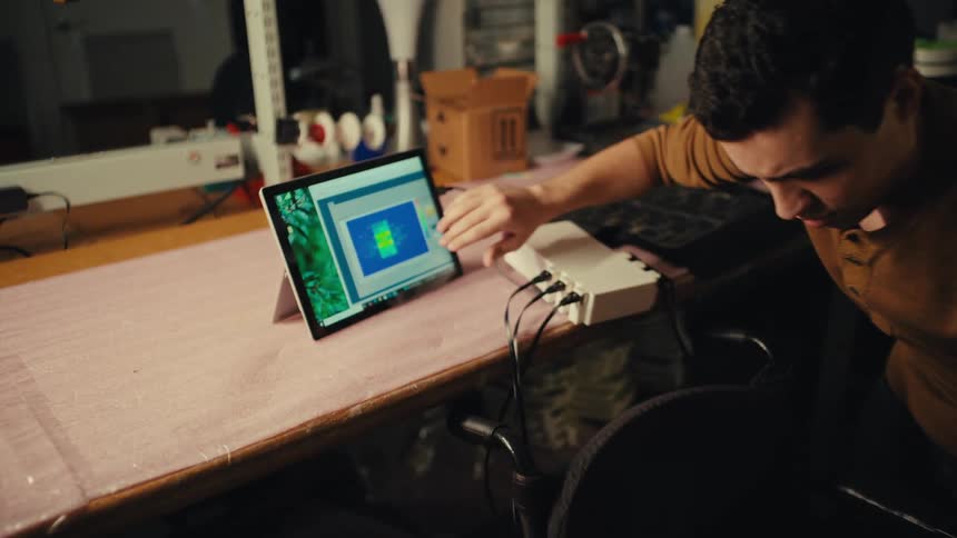 A young man develops a pressure-sensitive mat for a wheelchair, analyzing the sensor data on a tablet in his lab