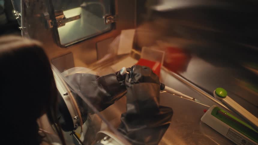 Over the shoulder shot of a scientist manipulating a bionic eye with a pipette in a sterile glovebox