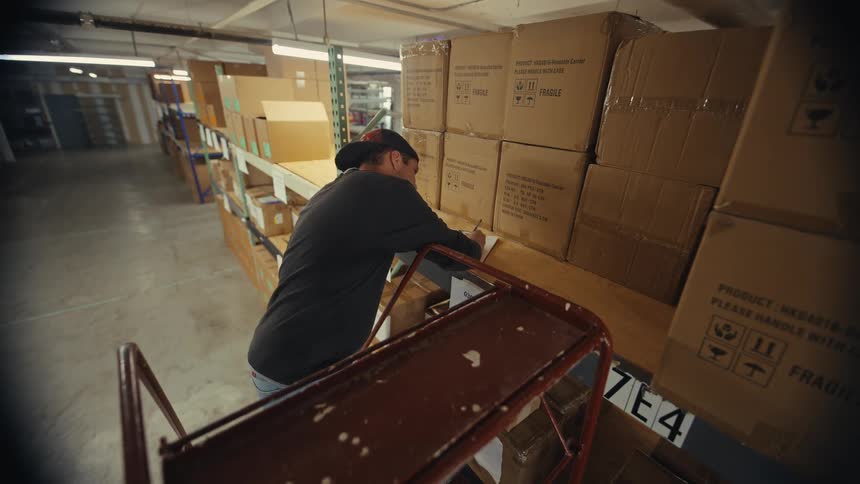 A high-angle view shows a man on a rolling ladder taking inventory of cardboard boxes in a warehouse aisle