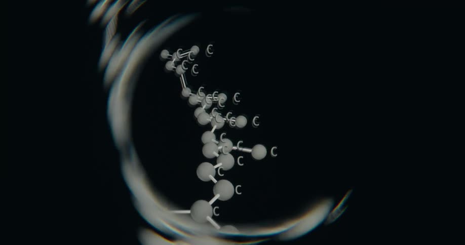 A distorted and abstract 3D animation travels through a carbon molecule chain on a black background
