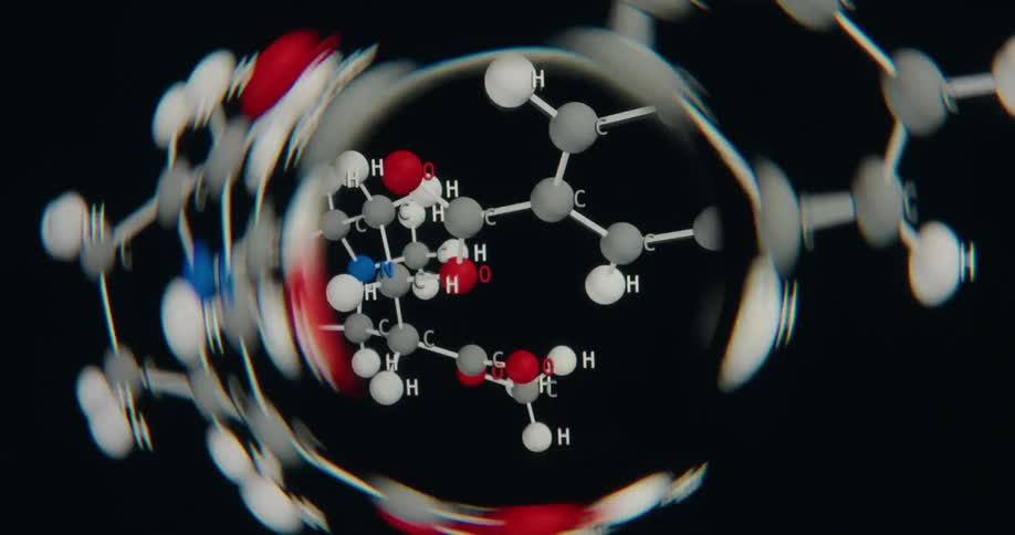 A seamless loop of a 3D animated molecular structure rotating against a black background with an abstract warp effect