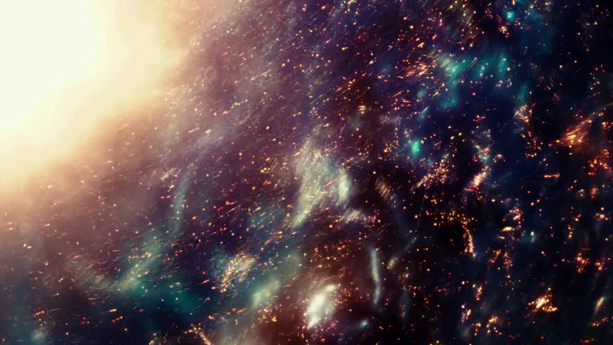 A mesmerizing cosmic scene features swirling golden particles and a bright celestial light source in deep space