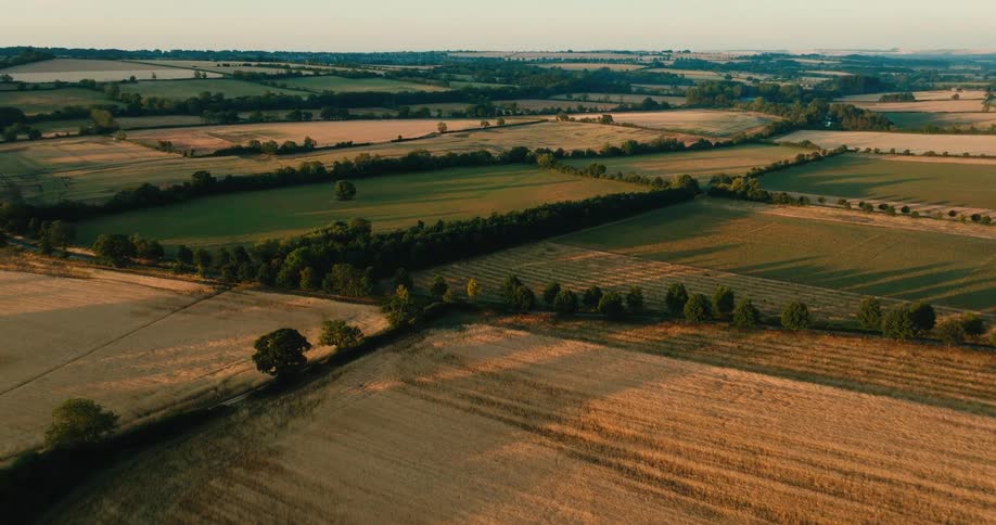A beautiful aerial view of the English countryside with its patchwork of farms and fields bathed in the warm, golden light of sunset