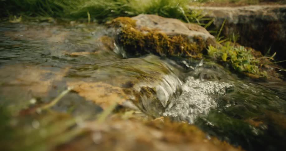 Crystal clear water babbles over rocks in a peaceful, sunlit stream