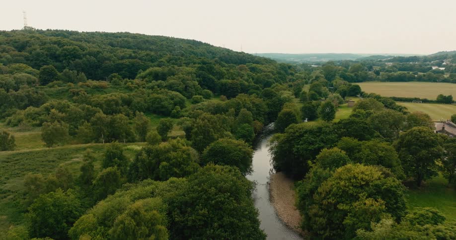 An aerial view shows a tranquil river winding through a lush green forest landscape on a calm, overcast day