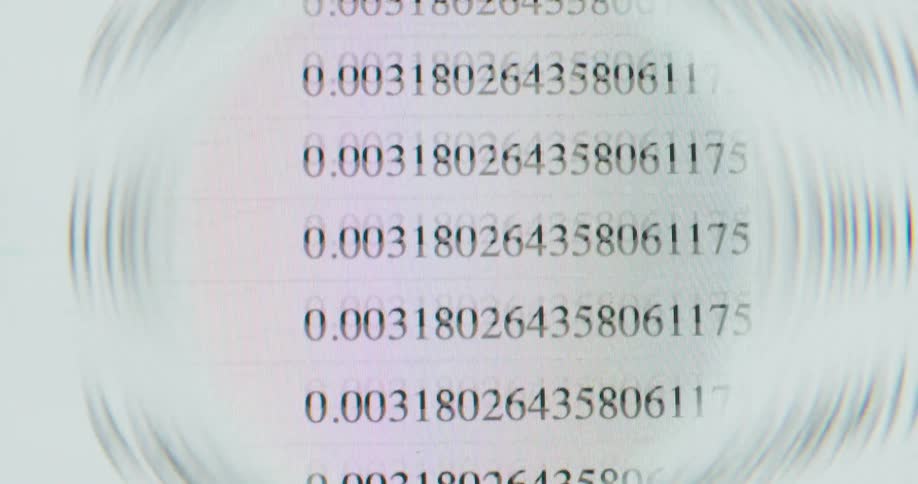 A distorted, magnified view of scrolling lines of complex numerical data on a digital screen