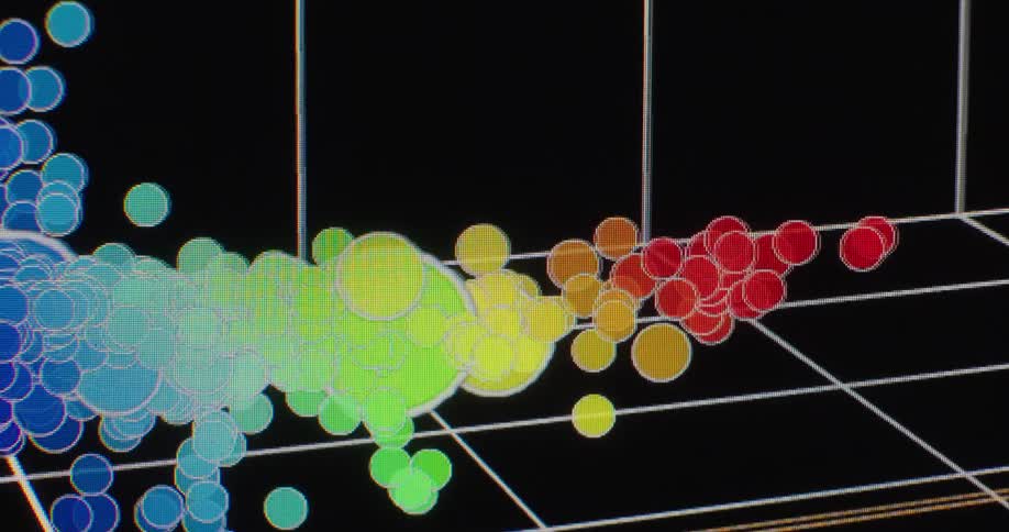 A user navigates a 3D scatter plot on a computer screen, analyzing colorful data points and revealing information in tooltips