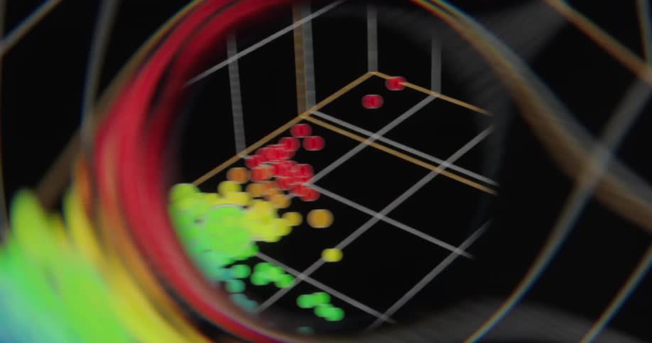 A dynamic data visualization of a 3D scatter plot with colorful dots representing protein analysis rotates within an abstract frame