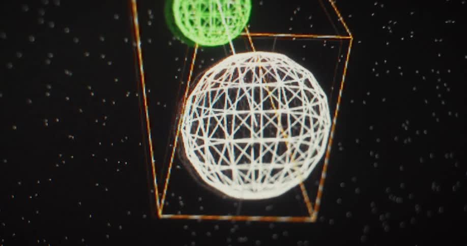 Close up of a futuristic 3D wireframe animation of geometric shapes floating in a digital space