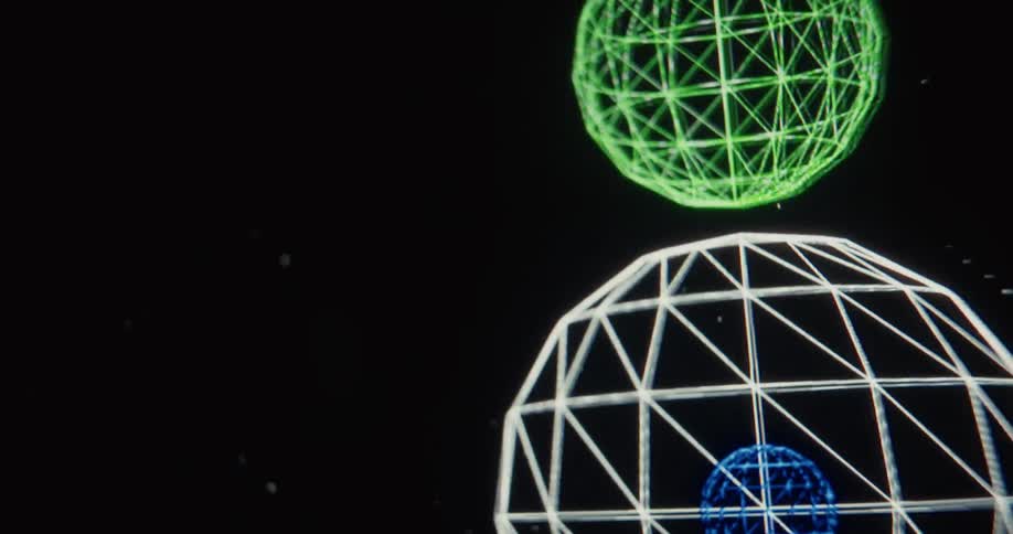 A retro CGI animation shows geometric wireframe spheres floating and moving in a digital void